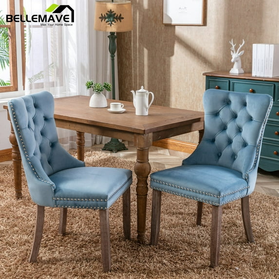 Velvet Upholstered Dining Chair/Kitchen & Dining Room Chairs, High-End Tufted Dining Chairs with Rubber Wood Legs and Nailhead Trim, Dining Chairs Set of 2 (Light Blue)