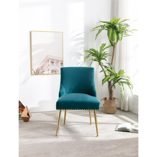 Velvet Upholstered Dining Chair Leisure Chairs Upholstered Side Chairs with Metal Legs for Living Room, Contemporary Style Blue