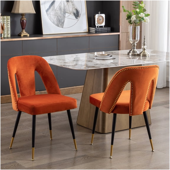 Velvet Upholstered Dining Chair Set with Gold Metal Legs and Nailhead Trim, Orange Contemporary Seating for 2