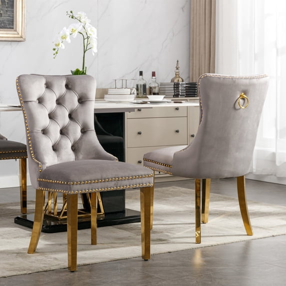 Velvet Upholstered Dining Chair, Tufted Back, Chrome Legs, Set of 2