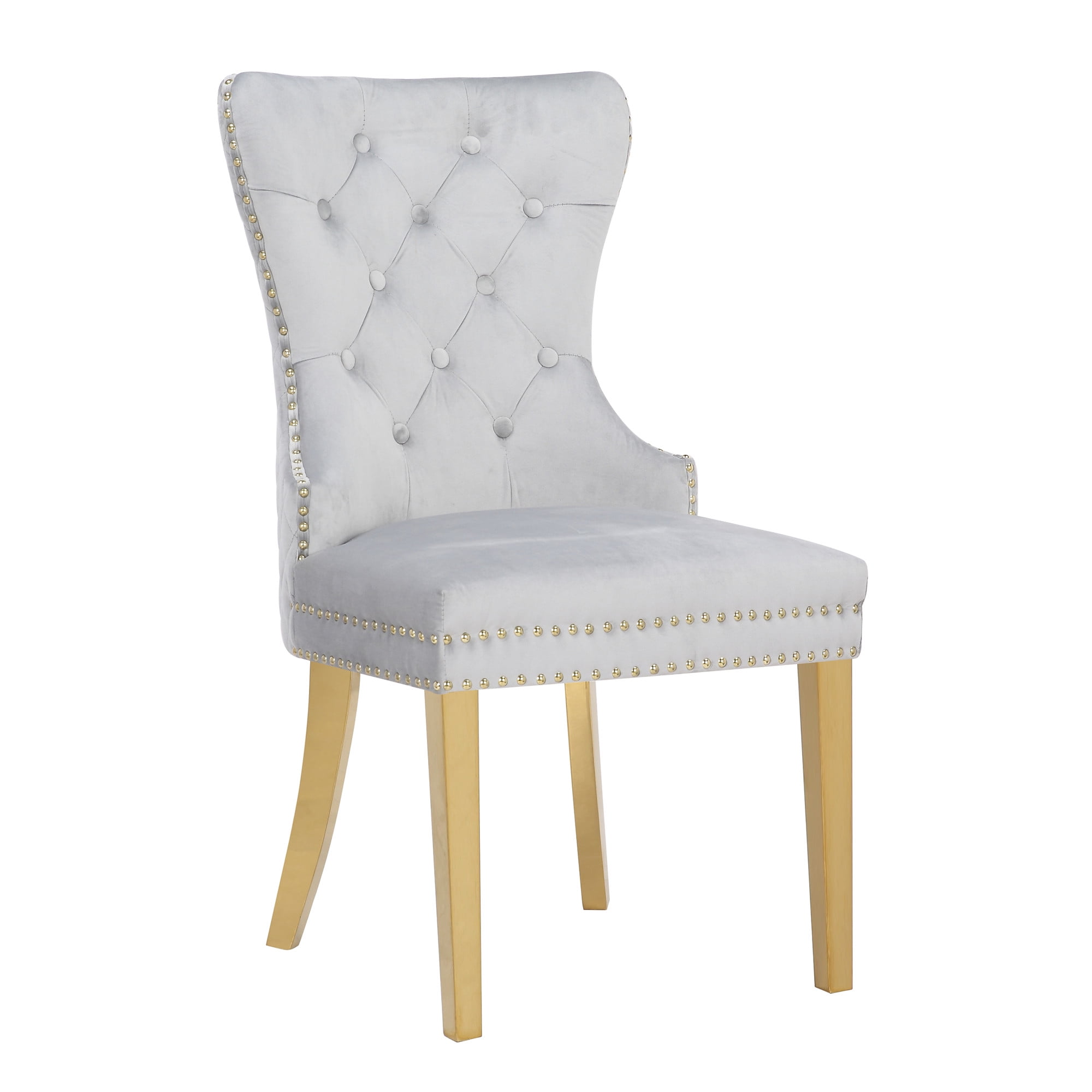 Elegant Light Gray Velvet Wingback Tufted Dining Chair with Metallic Accents