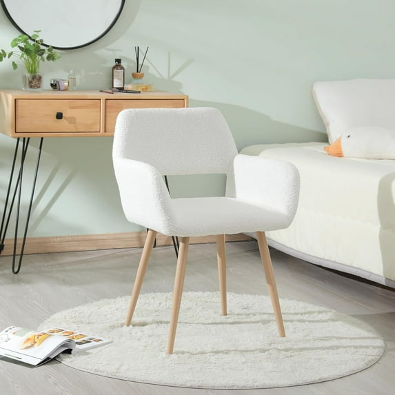 Velvet Upholstered Dining Chair with Metal Legs, Modern Makeup Chair, White Velvet+Beech Metal Leg