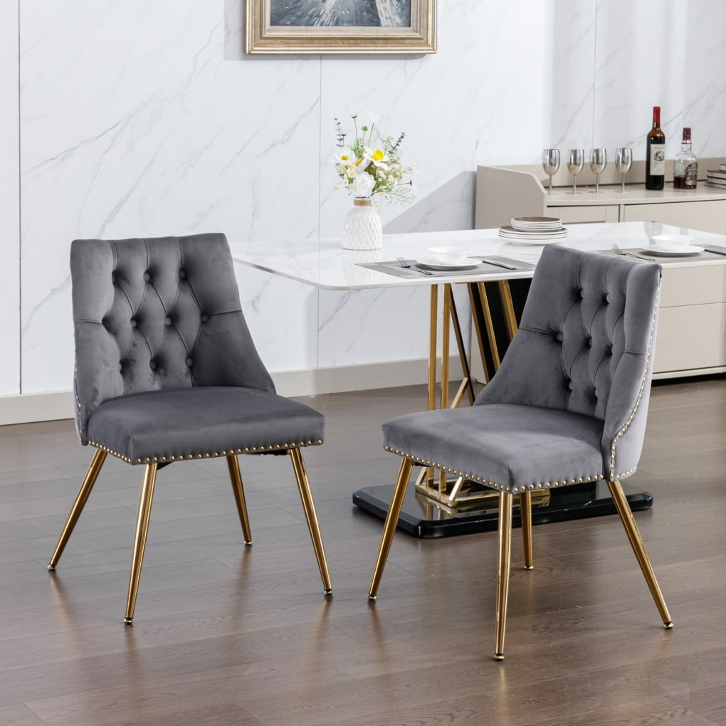 Velvet Upholstered Dining Chairs Set of 2, Tufted Dining Room Chairs with Golden Metal Legs and
