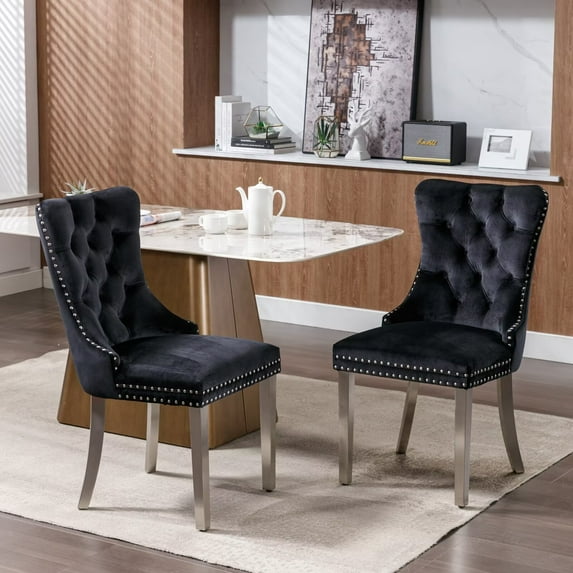 Velvet Upholstered Dining Chairs Set of 2, Wingback Dining Room Chairs with Button Tufted Back, Ring Pull Trim and Stainless Steel Legs, Luxury Dining Chairs for Living Room Kitchen, Black