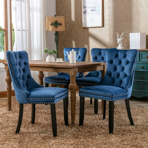 Velvet Upholstered Dining Chairs Set of 2, Wingback Dining Room Chairs with Ring Pull, Nailhead Trim and Tufted Button Back, Luxury Dining Chairs for Living Room Kitchen, (Blue)