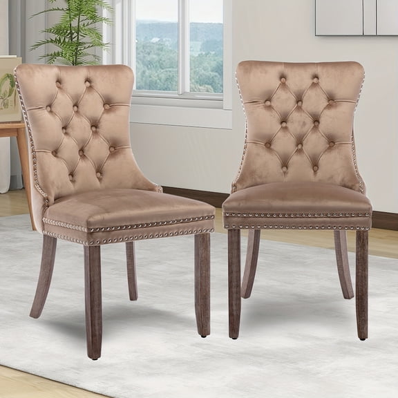 Velvet Upholstered Dining Chairs Set Of 2, Wingback Dining Room Chairs with Ring Pull Trim And Button Back, Luxury Tufted Dining Chair for Living Room, Bedroom, Kitchen