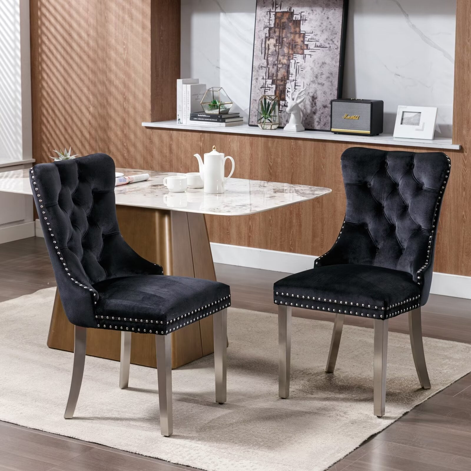 Velvet Upholstered Dining Chairs Set of 2 Wingback Dining Room Chairs with Button Tufted Back Ring Pull Trim and Stainless Steel Legs Luxury Dining Chairs for Living Room Kitchen Black Walmart