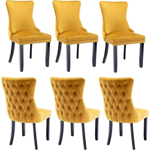 Velvet Upholstered Dining Chairs Set of 6, Wingback Kitchen Room Accent Chairs with Solid Wood Leg, Dinner Chairs with Nailhead Trim & Button Tufted Back