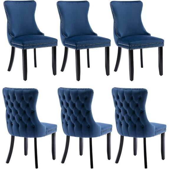 Velvet Upholstered Dining Chairs Set of 6, Wingback Kitchen Room Accent Chairs with Solid Wood Leg, Dinner Chairs with Nailhead Trim & Button Tufted Back