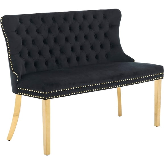 Velvet Upholstered Dining Loveseat with Tufted Back, Nailhead Trim, and Gold Stainless Steel Legs (Black)