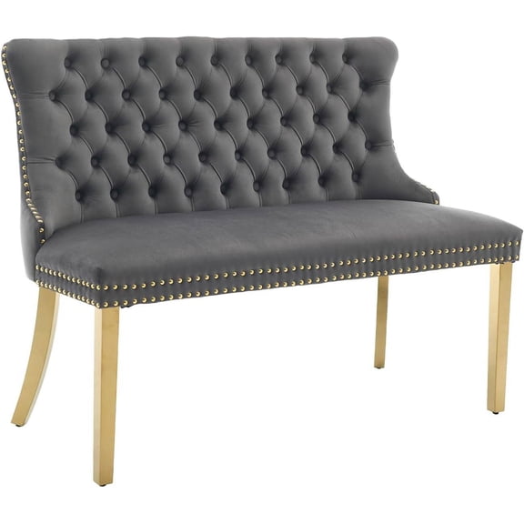 Velvet Upholstered Dining Loveseat with Tufted Back, Nailhead Trim, and Gold Stainless Steel Legs (Grey)