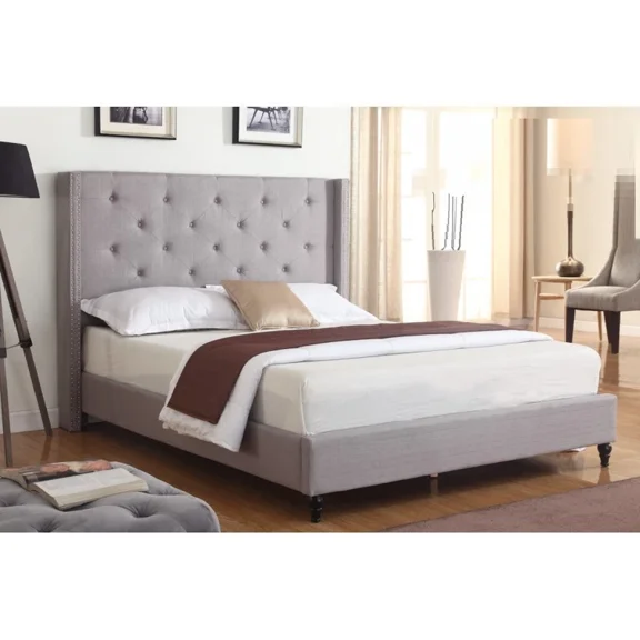 Velvet Upholstered Eastern King Platform Bed Frame with Nailhead Trim Wing Back Headboard, Gray