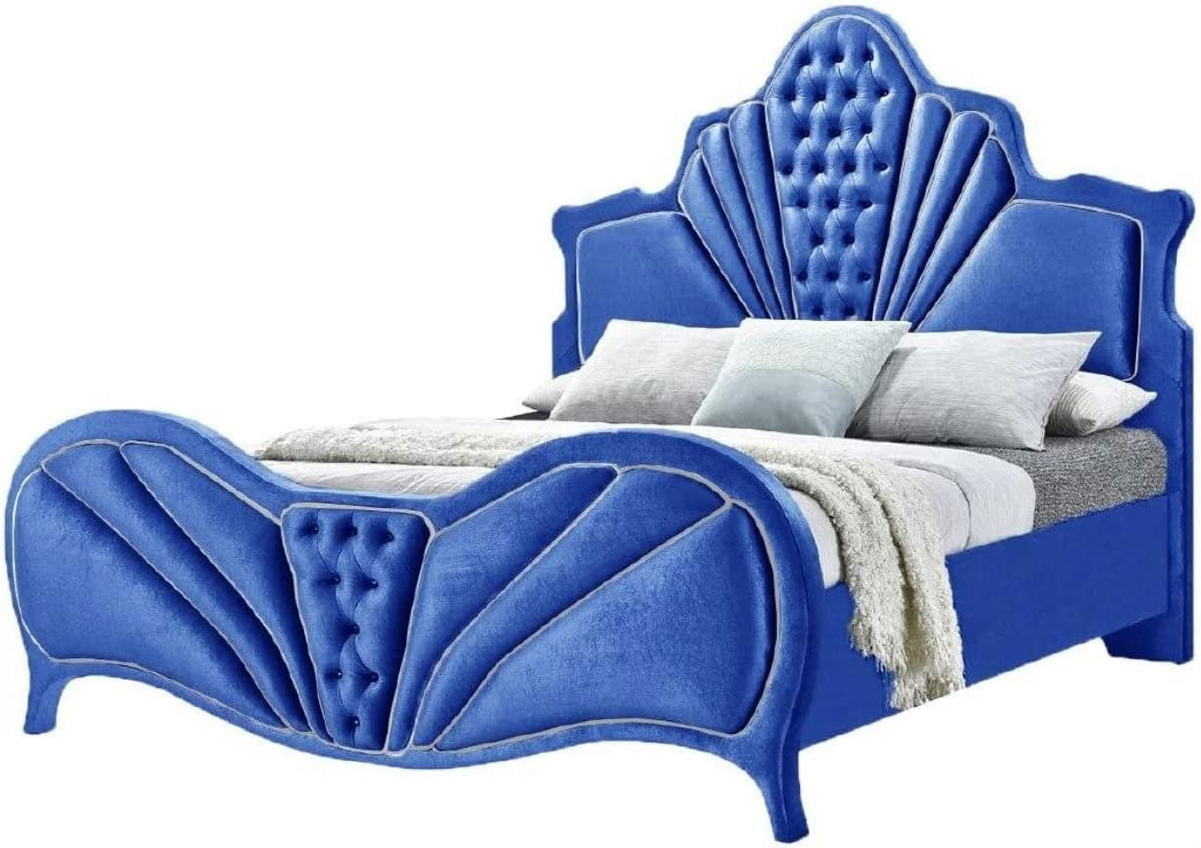 Velvet Upholstered Eastern King Size Bed Frame with Arched Headboard with Button Tuft, Blue