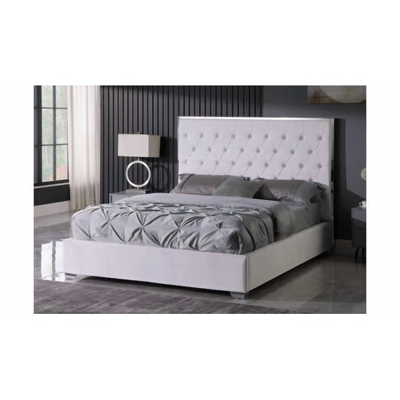 Velvet Upholstered Eastern King Size Platform Bed Frame, Tufted Headboard Chrome Finish Accent Bedroom Furniture, White