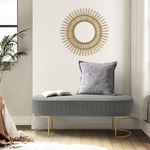 Velvet Upholstered Entryway Bench Bed Foot Stool with Horseshoe-shaped Metal Base Bedroom Grey