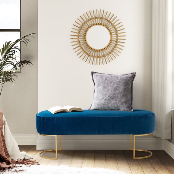 Velvet Upholstered Entryway Bench Bed Foot Stool with Horseshoe-shaped Metal Base Bedroom Navy
