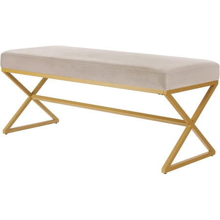 Velvet Upholstered Entryway Bench with Metal Leg, Padded Bedroom Bench Seat Cushion with Golden Metal X-Legs -Taupe