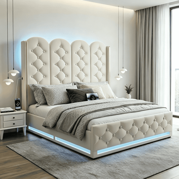 MARQUESSIA Lift Up Storage Bed Frame Full with Big Underneath Storage and LED Lights Charging Station Velvet Upholstered Headboard No Box Spring Needed Beige