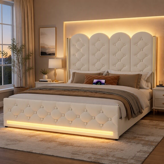 Full Size Lift Up Storage Bed, LED Lights and Charging Station, Upholstered Bed Frame with Under-Bed Storage Space, No Box Spring Needed, Noise-Free, Easy Assembly, Beige