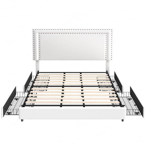 Velvet Upholstered Full Bed Frame with 4 Storage Drawers, Adjustable Headboard, Rivet Trim, No Box Spring Needed