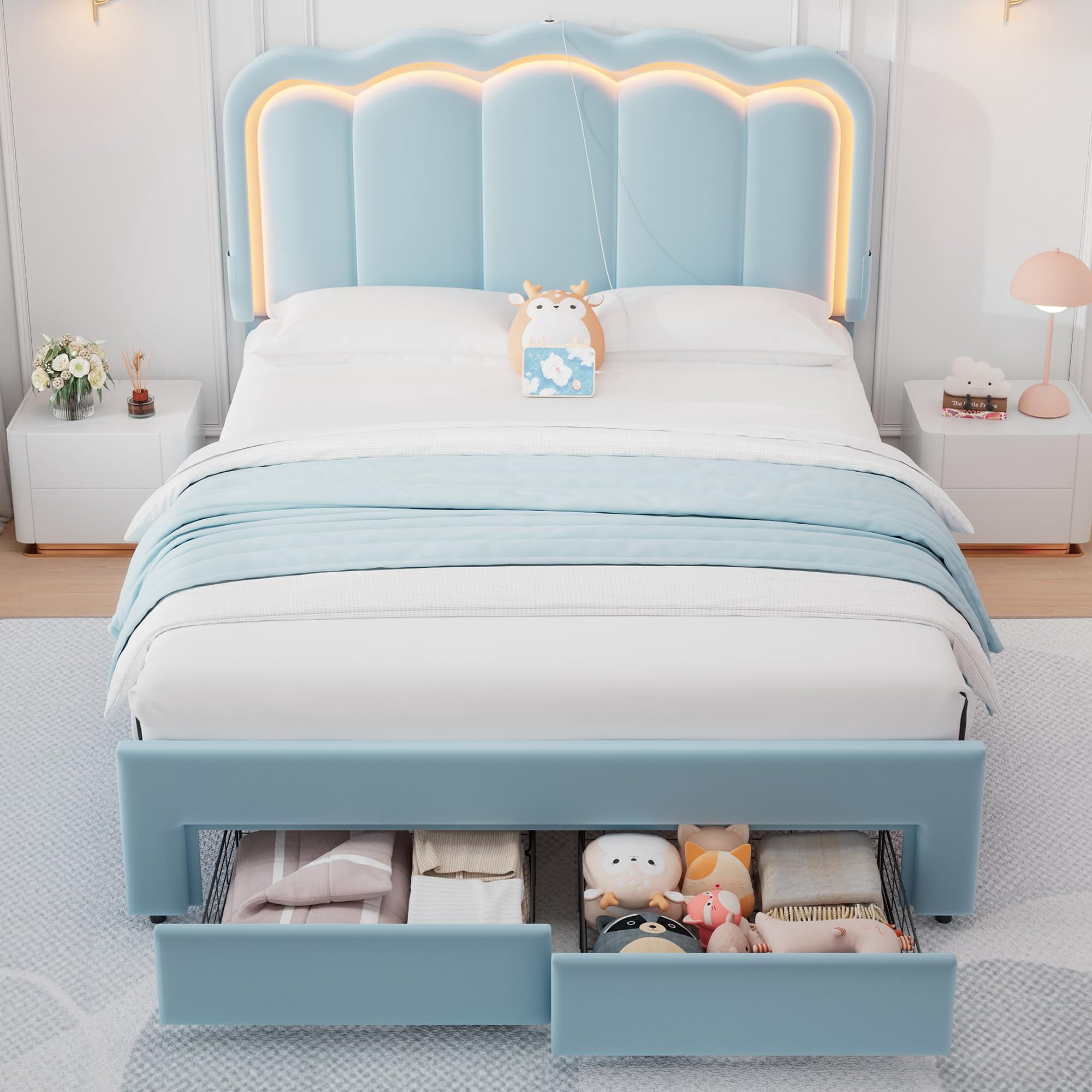 Velvet Upholstered Full LED Bed Frame with 2 Storage Drawers and ...