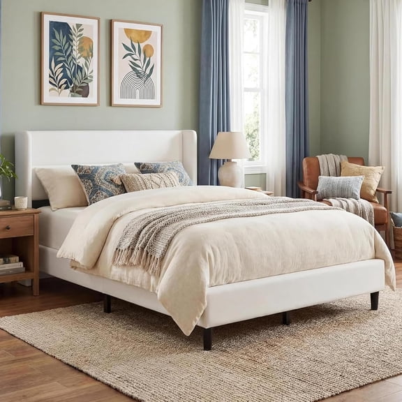 Upholstered Wood Platform Bed Frame with 8" under for Bedroom,King,White