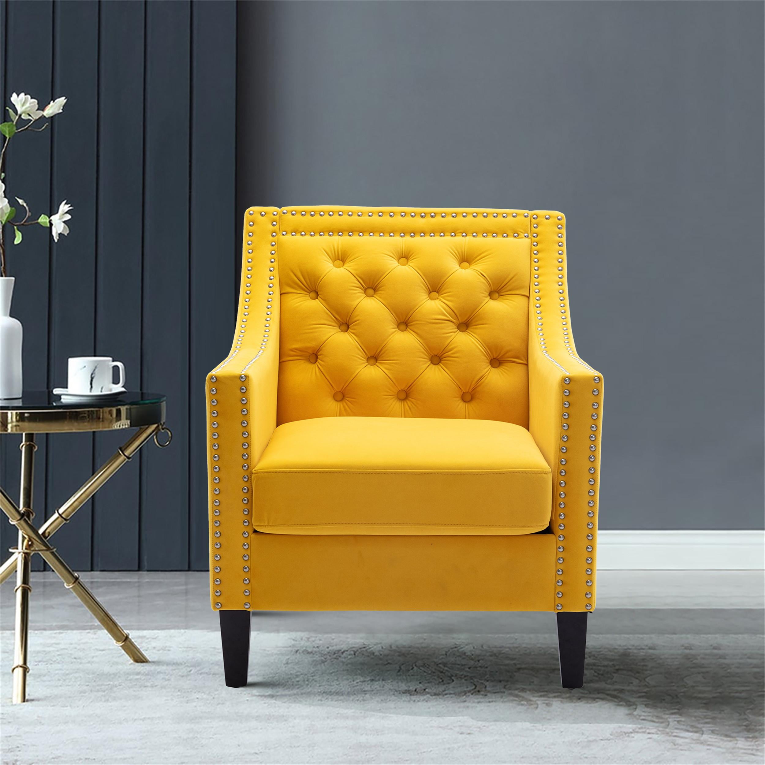 ANBAZAR Velvet Accent Chair, Club Armchair, Tufted Soft Cushion Leisure Chair, Metal Leg, Bedroom, Living Room, Salon, Yellow