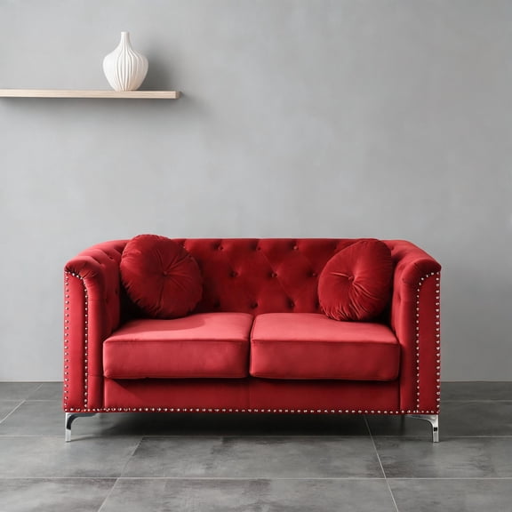 Velvet Upholstered Loveseat for Living Room, Rich Red, 62-inch Two-Seater