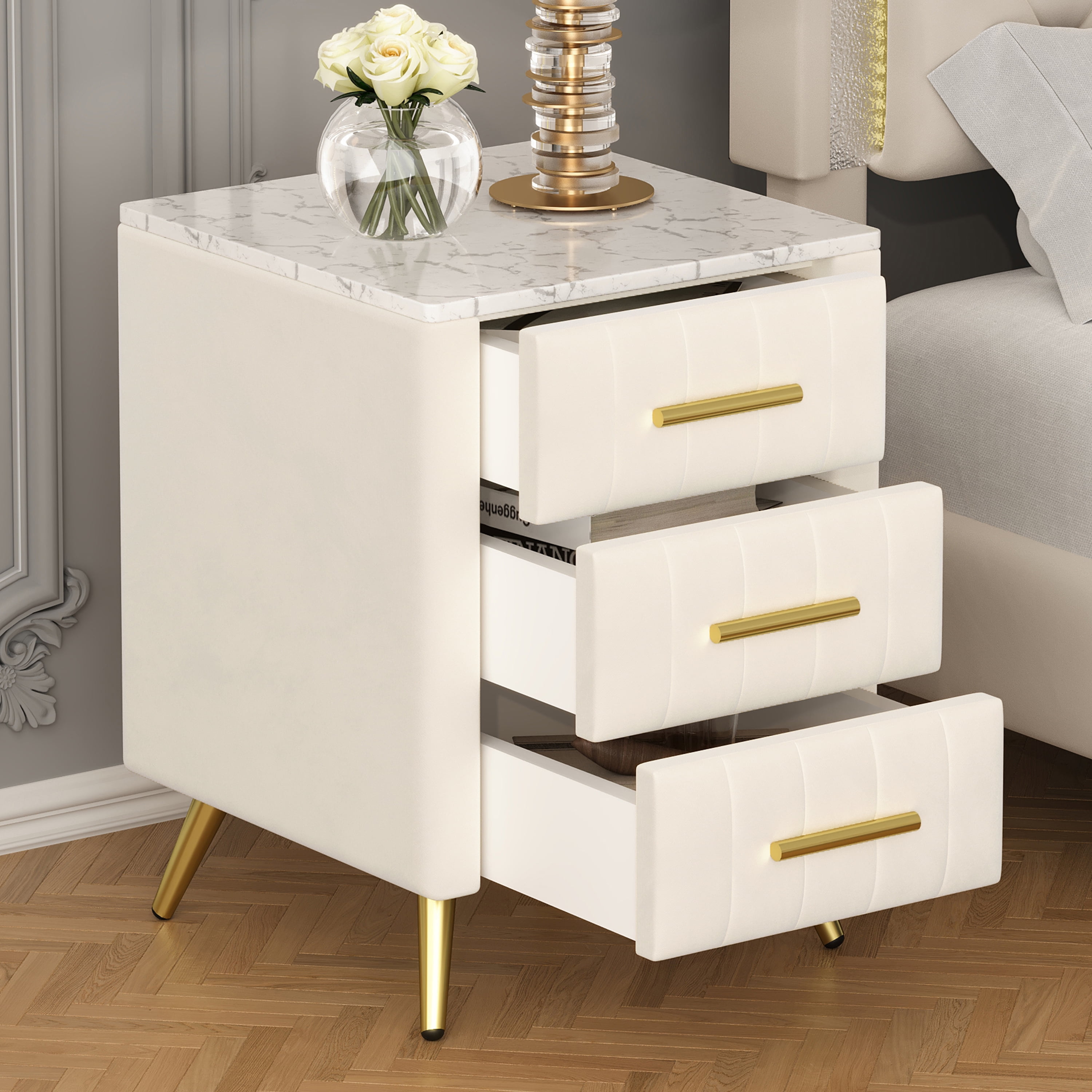 Velvet Upholstered Nightstand with 3 Drawers, Marble Effect Tabletop, Metal Legs & Handles, Plywood Bedside End Table for Bedroom Living Room Nursery, 16.3"×16.3"×21.8"