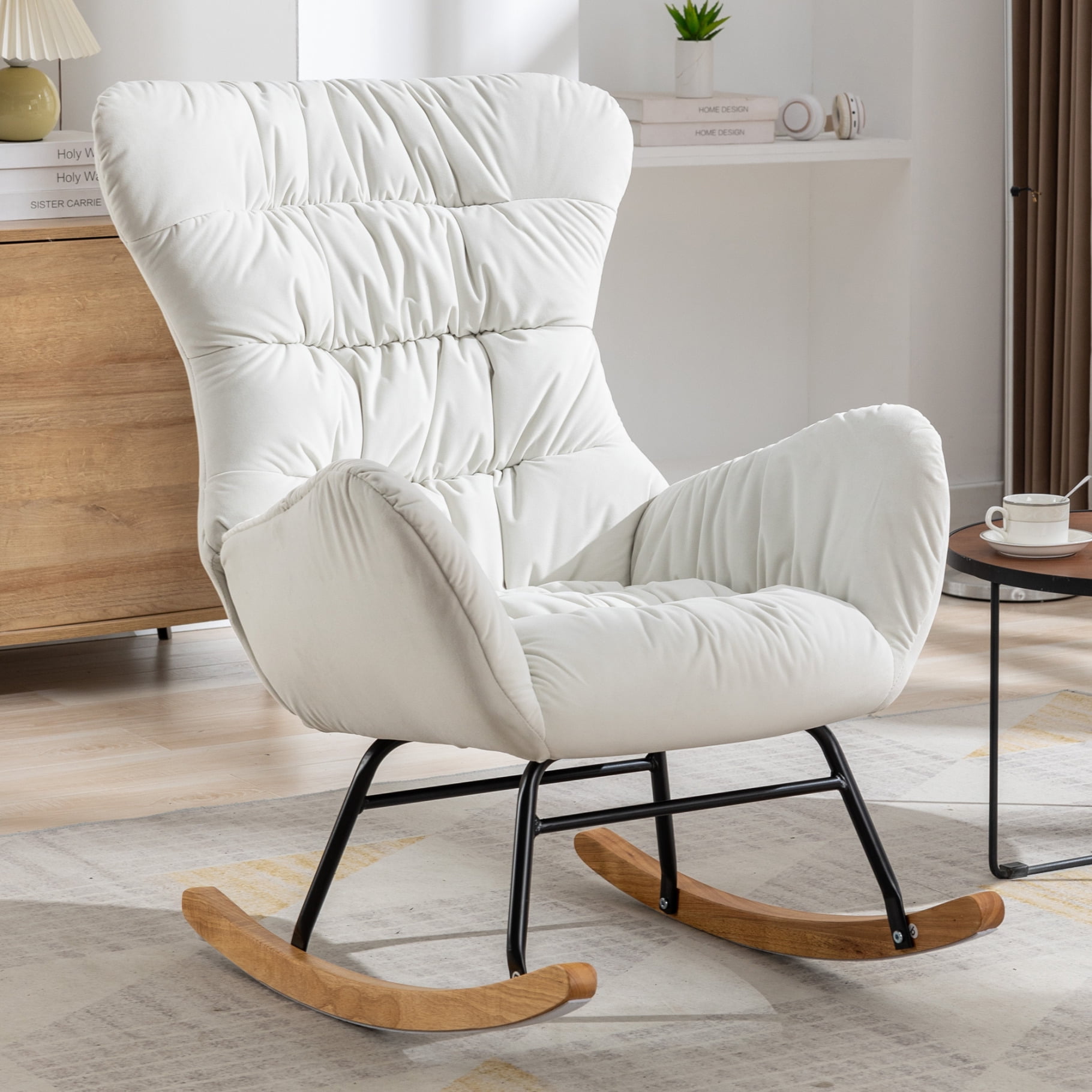Velvet Upholstered Nursery Rocking Chair, Modern Glider Chair with ...