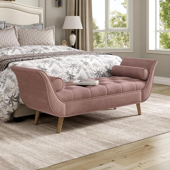 Velvet Upholstered Ottoman Bench with Flared Arms,Button Tufted Footstool Ottomans for Living Room Bedroom,Modern Rolled Arm Bed End Benches with Seating for Entryway,Window (Velvet Pink)