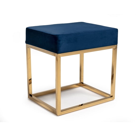 Velvet Upholstered Ottoman with Metal Tubular Base, Blue and Gold - Saltoro Sherpi