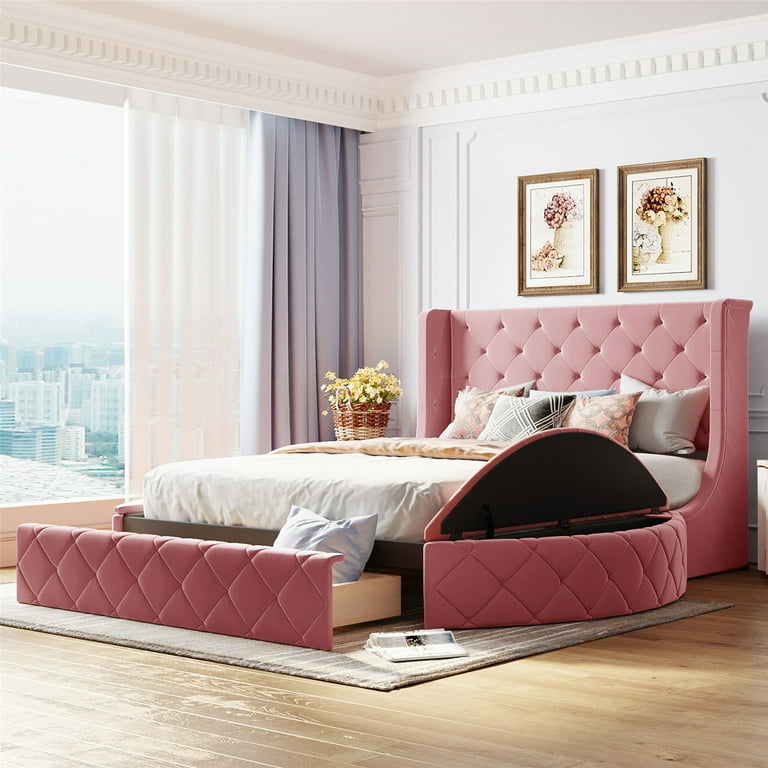 Velvet Upholstered Platform Bed with 1 Big Drawer and 2 Side