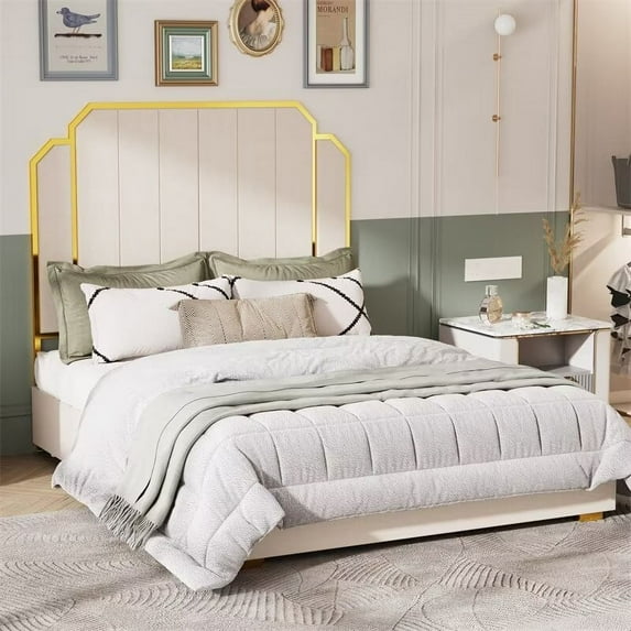 Velvet Upholstered Platform Bed with 59.06" Headboard, Queen Bed Frame with Golden Plating Trim and Slats Support, Modern Bed for Adults Bedroom, No Box Spring Needed, Gold+Creamy White
