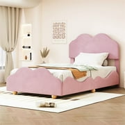 Velvet Upholstered Platform Bed with Cloud Shaped Headboard, Twin Size Bed Frame with Wood Slat Support for Kids Boys Girls Bedroom, No Box Spring Needed, Easy Assembly, Light Pink