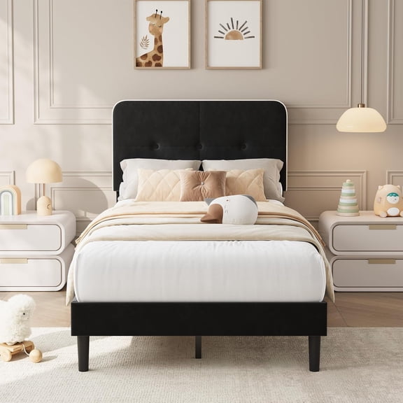 Velvet Upholstered Platform Bed Frame with Adjustable Headboard, Sturdy Metal Support, Anti-Noise Design, No Box Spring Needed, Easy Assembly,Twin-XL,Black