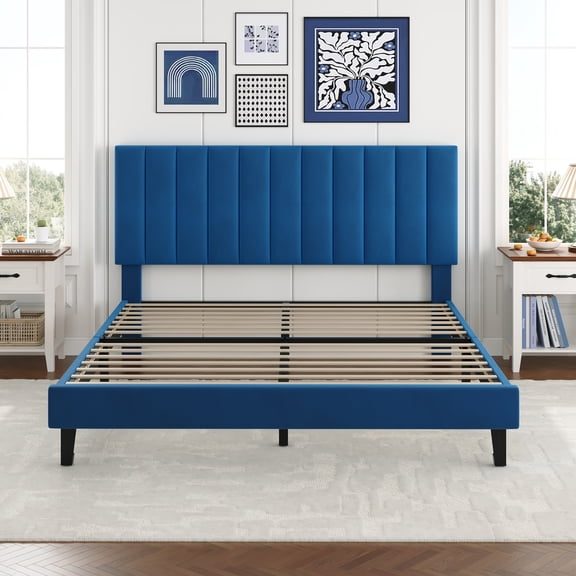 Velvet Upholstered Platform Bed Frame with Adjustable Vertical Channel Tufted Headboard – Sturdy Wood Slats, No Box Spring Needed, Easy Assembly – Queen Size, Navy Blue