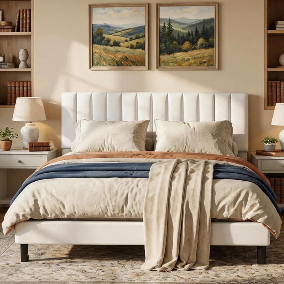 Velvet Upholstered Platform Bed Frame with Adjustable Vertical Channel Tufted Headboard, Wood Slat Support, Noise-Free Design, No Box Spring Needed, Easy Assembly,King,White