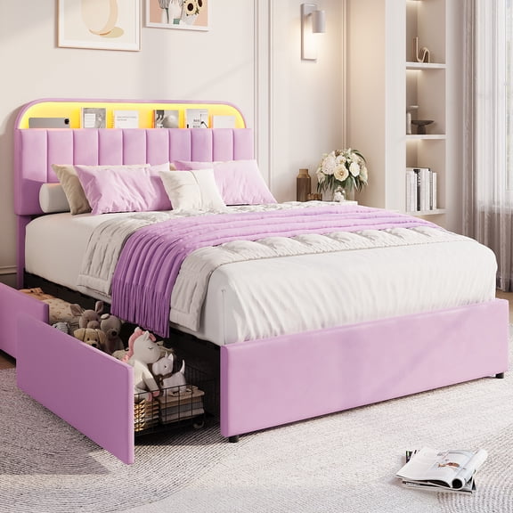Velvet Upholstered Platform Bed Frame with Bookcase Headboard, RGB LED Lights and 2 Flexible Storage Drawers, Noise Free,Adjustable Headboard Height,No Box Spring Needed, Easy Assembly