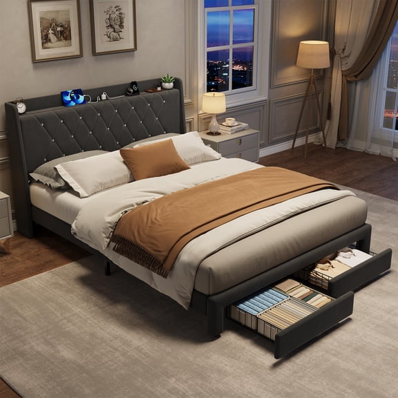 Velvet Upholstered Platform Bed Frame with Crystal Diamond Tufted Headboard, 2 Large Storage Drawers, Built-in Charging Station, Noise-Free Wooden Slats, Low Profile, No Box Spring Required