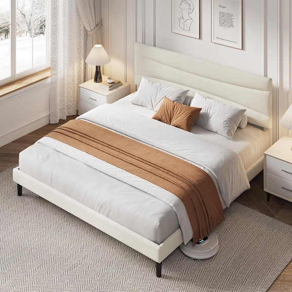 Upholstered Wood Platform Bed Frame with Soft velvet headboard with plush padding for comfort and style, Ample under for Bedroom,King,Beige
