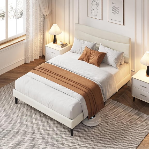 Upholstered Wood Platform Bed Frame with Soft velvet headboard with plush padding for comfort and style, Ample under for Bedroom,Queen,Beige