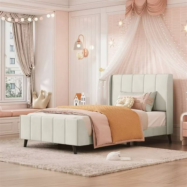 Velvet Upholstered Platform Bed with Tufted Headboard, Twin Size Bed Frame with 10 Sturdy Wood Support for Boys Girls Adults Bedroom, No Box Spring Needed, 600LBS Weight Capacity, Beige