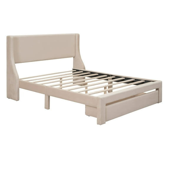Velvet Upholstered Platform Bed with a Big Drawer Beige - Queen
