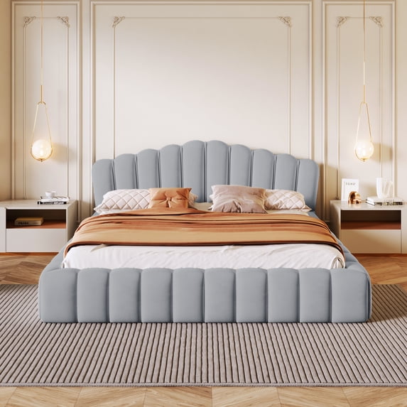 Velvet Upholstered Queen Bed Floor Bed Frame Shell-Shaped Headboard For Bedroom,No Box Spring Needed,Light Blue