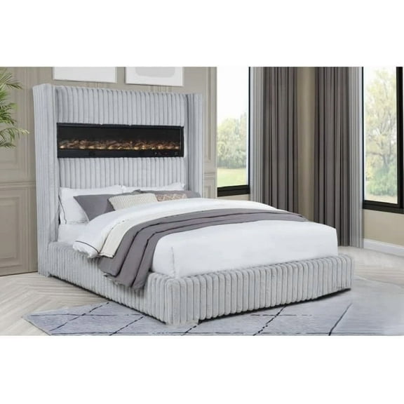 Velvet Upholstered Queen Size Bed with Electric Fireplace, USB Port, Modern Bedroom Bed Frame, Smoked Gray