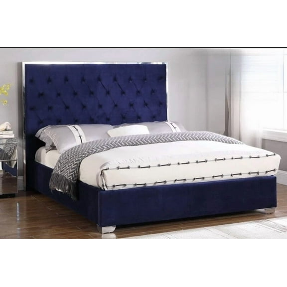 Velvet Upholstered Queen Size Platform Bed Frame, Tufted Headboard Chrome Finish Accent Bedroom Furniture, Blue