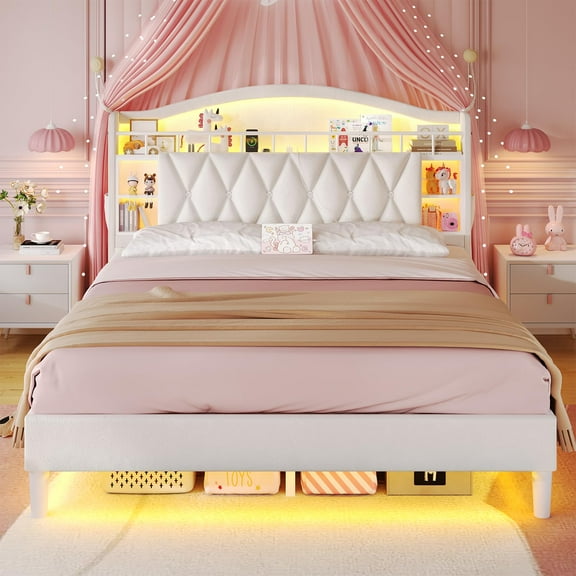 Velvet Upholstered Queen Size Platform Bed with LED Lights and Charging Station, Queen Size Princess Bed Frame With Headboard,Guardrail,Crystal Button, No Box Spring Needed,Beige