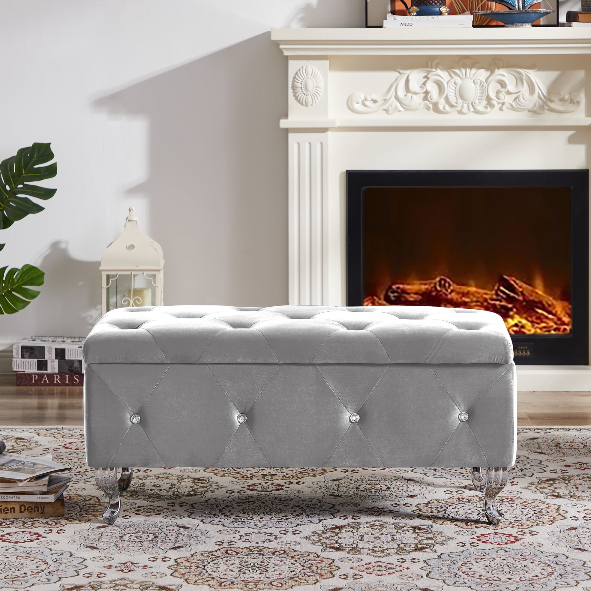 Bench Button Velvet Upholstered Storage Bench with Button,Storage Ottoman with ...