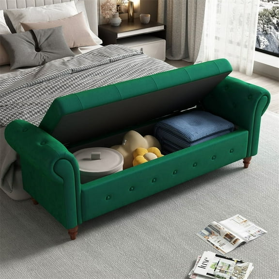 Velvet Upholstered Storage Bench, Button-Tufted Large Storage Ottoman Bench for Bedroom End of Bed, Rolled Armed Bench Window Sitting with Soild Wood Legs for Bedroom Entryway Living Room, Dark Green